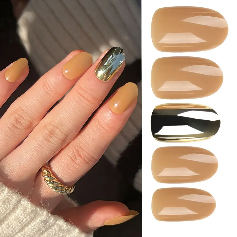

Long Oval False Nails Manicure French Yellow Nail Tips Solid Color Detachable Fake Nials Women