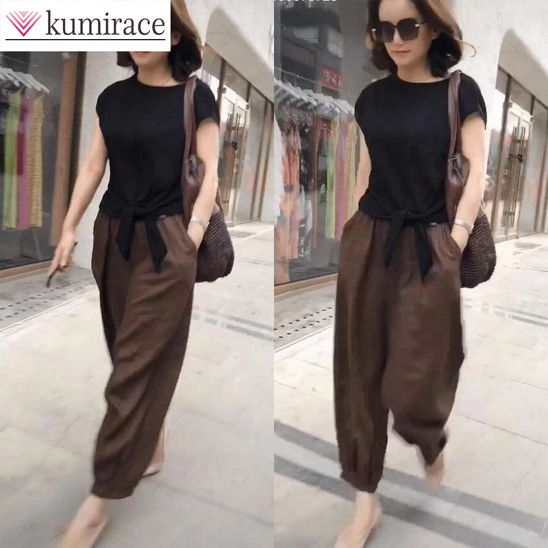 Women's Suit 2023 Summer Classic Black Short-sleeved T-shirt Loose Casual Versatile Harlan Pants Two-piece Women's Pants Set fashion casual women loose harlan pants spring summer thin streetwear new striped elastic high waist black straight trousers 3xl