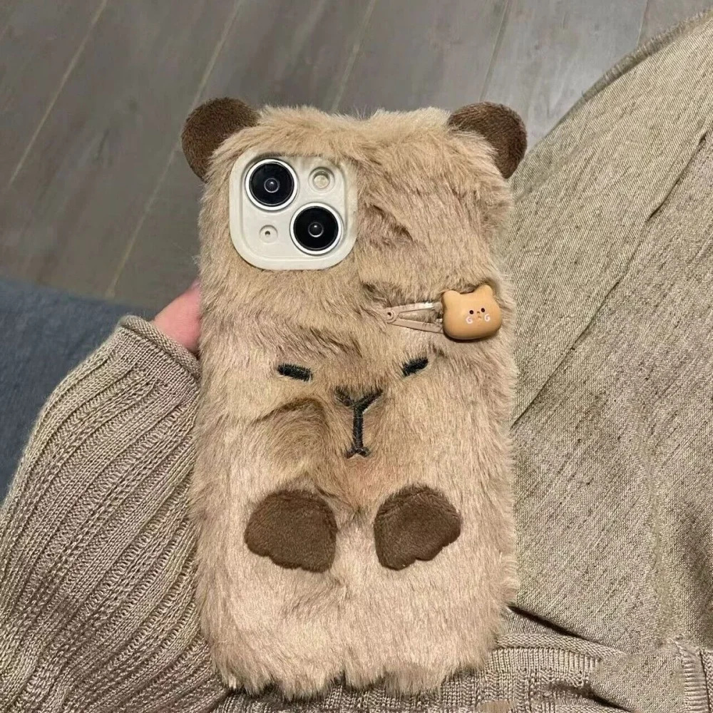 Luxury Capybara Fluffy Fur Phone Case – Lovely Plush Velvety Shell