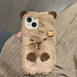 Luxury Capybara Fluffy Fur Phone Case - Lovely Plush Velvety Shell - iPhone 15 Plus (A)