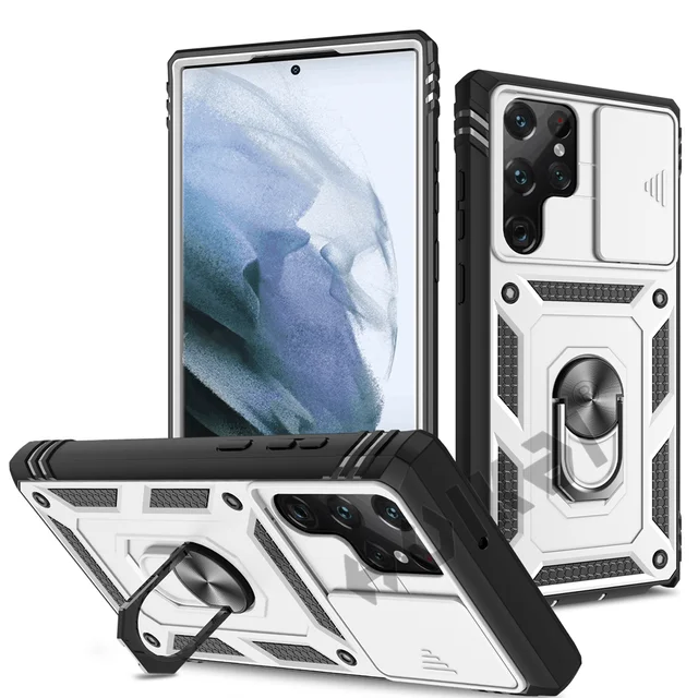 HUIKAI Case For Samsung S22 S21 FE Ultra Plus A52 A51 A32 5G Heavy Duty with Camera 360 Degree Rotate Kickstand Shockproof Cover White