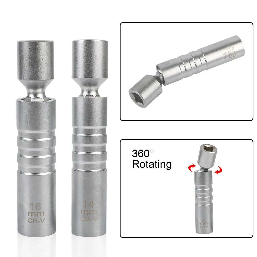 14mm 16mm Magnet Spark Plug Removal Tool Wrench Sleeve 3/8" 12-Point Swivel Candle Key 16mm Long Extension Socket Kit Tools 2