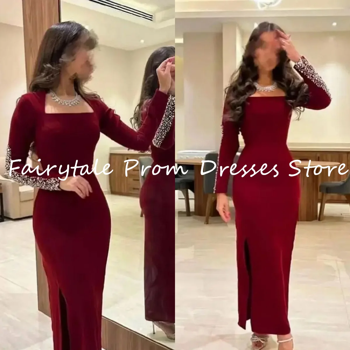 

Fairytale Saudi Arabia Crystal Luxury Evening Dresses Long Sleeves Beads Sexy Formal Women Prom Dress Trumpet Wedding Party Gown
