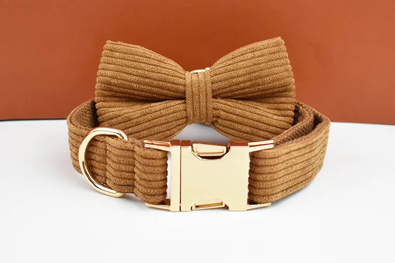 Personalised Corduroy Dog Collar And Leash Set With Nameplate_voghion.com