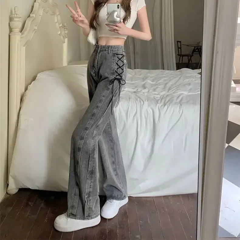 

Smoke Grey Pantalon Vintage Mujer Summer Jeans Loose Wide Leg Pants Korean Fashion Strap Long Pants Straight Jeans Streetwear