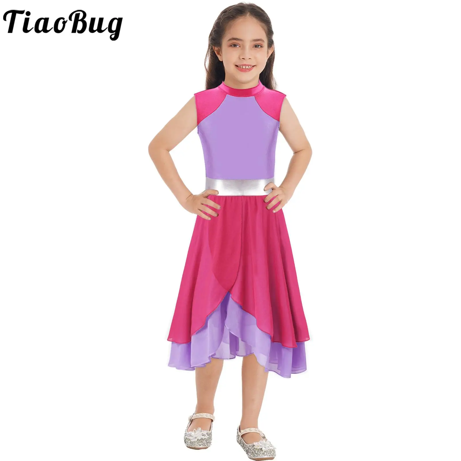 

Kids Girls Lyrical Worship Dance Performance Costume Choir Liturgical Praise Dress Sleeveless Color Block Flowy Tulle Dancewear
