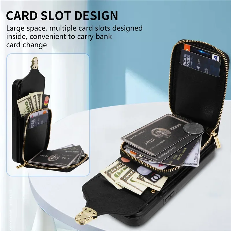 Leather Crossbody Lanyard Wallet Phone Case with Zipper and Flip Stand Cover