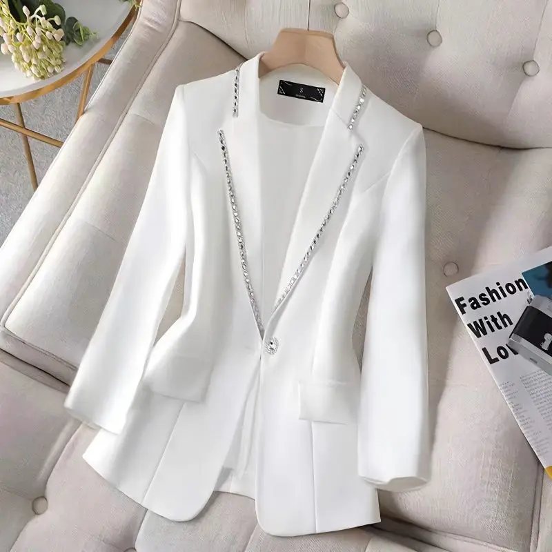 2023 Spring and Autumn Women's New Fashion Commuter Small Suit Coat Long Sleeve Fashion Temperament Thick Diamond Embedding Coat