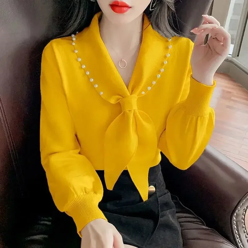 

Fashion V-Neck Beading Bow Long Sleeve Blouse Loose Casual Spring Pullovers Long Sleeve Commute Women's Clothing Shirt V435