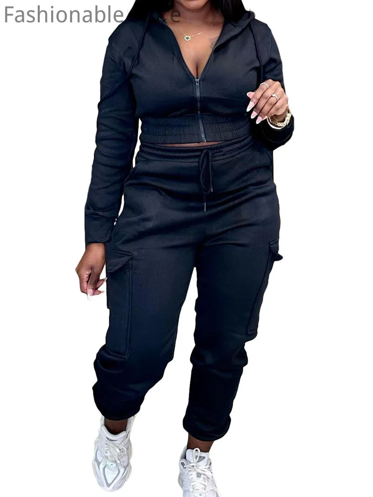 

Women Hooded Zipper Short Coat And High Waist Drawstring Pants Set