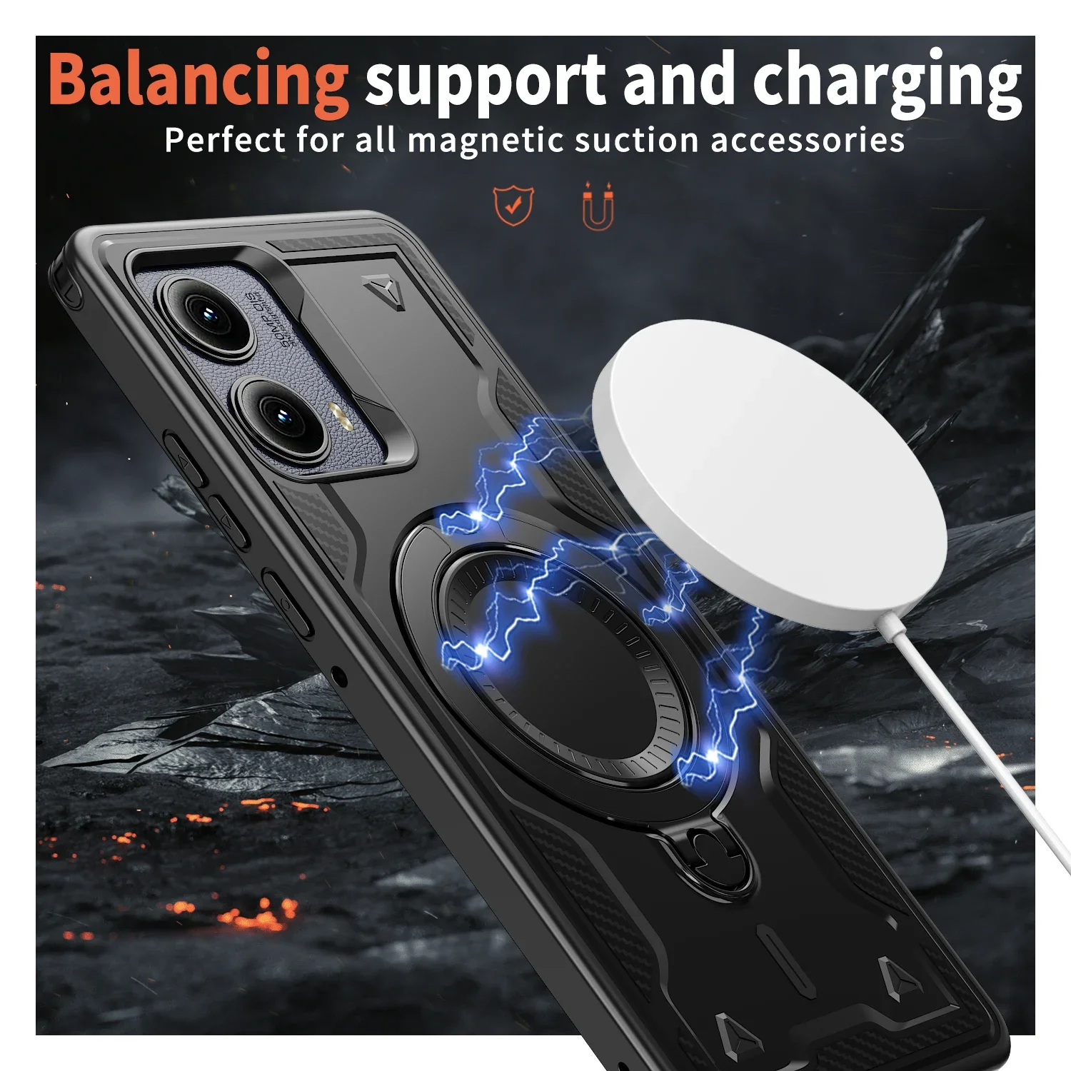 Magnetic Armor Shockproof Case with Stand and Wireless Charging Compatibility