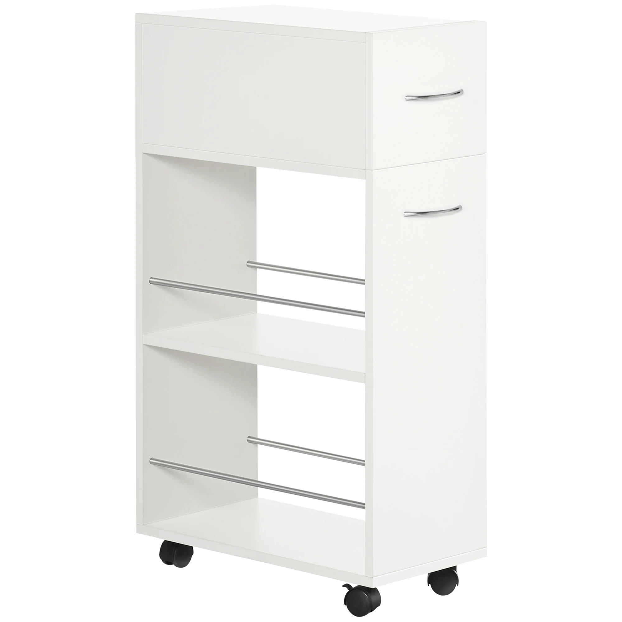 kleankin Armario Auxiliar de Baño Carrito con 3 Estantes y Ruedas para  Espacios Estrechos 48x15x80 cm Blanco