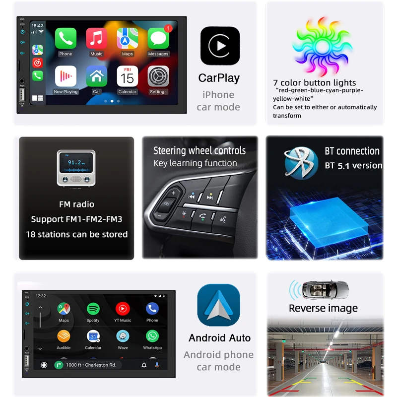 Autoradio Apple Carplay, Android Auto, 2 Din, Bluetooth, Ecran Tactile 7 ,  Mains Libres, Lecteur Mp5, Usb, Tf, Système Audio Iso, Unité Principale X2  - Voiture Radios - AliExpress