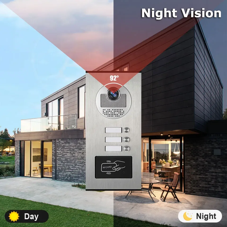 3-family Apartment Intercom Video Doorbell with RFID Card Unlock 7inch 4Wired Vi