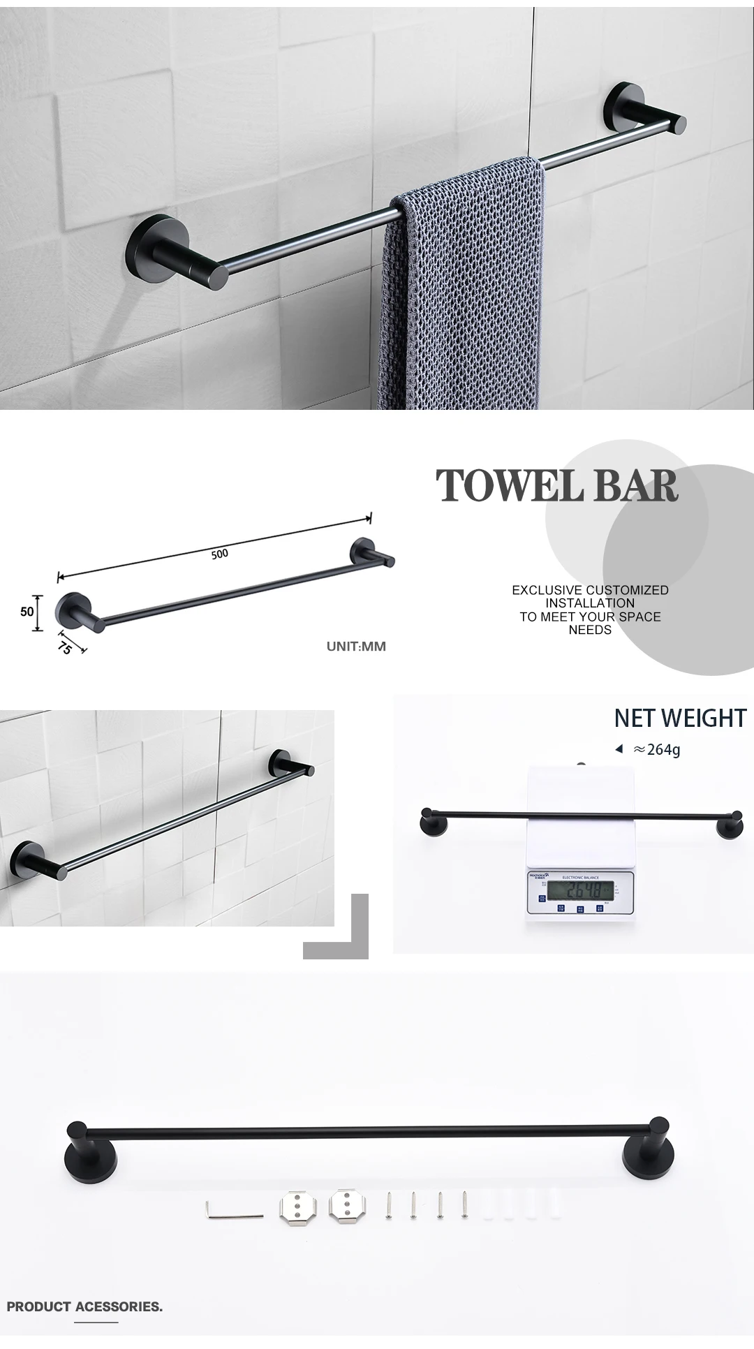 Description Picture 5 of itemMatt Black Double Towel Bars Kitchen Towel Hanger Stainless Steel Bathroom Accessories Towel Rack Ring Toilet Paper Brush Holder