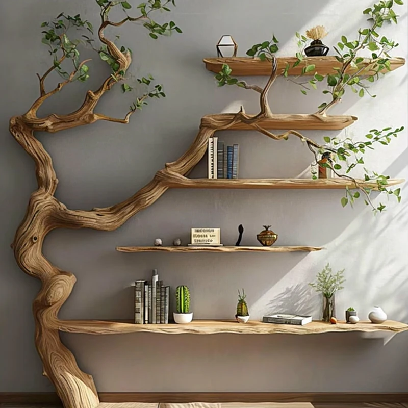 棚　特注（世界に一つ）　栗の木　無垢材のみ 無垢材クリエイティブログ本棚アート大きな木の形の収納リビングルーム