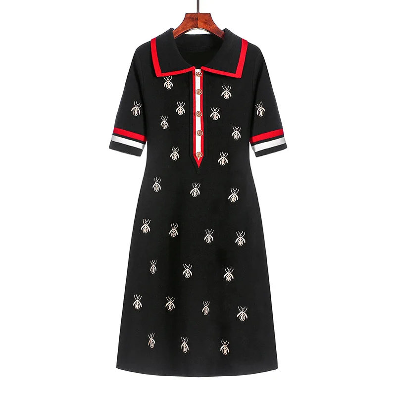 2024 Spring Summer Simple Knitted Skirt Slimming Short-sleeved Polo Collar Dress Fashion  Temperament British Style Mid-length 6