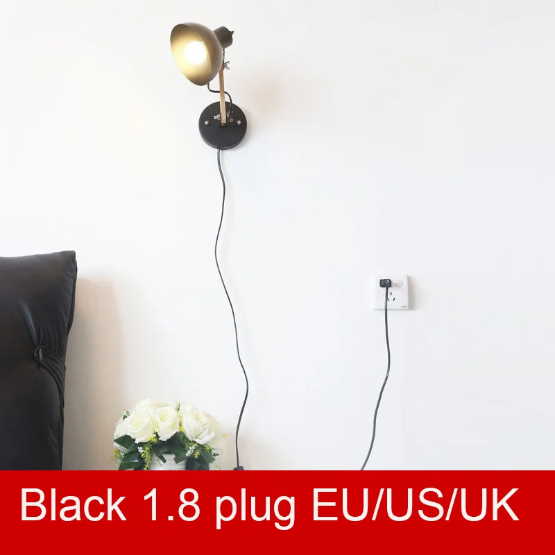 Lampada da parete con cavo Plug-in da 1.8m applique a braccio lungo  girevole accento in legno per camera da letto, soggiorno, lettura, cucina,  ufficio