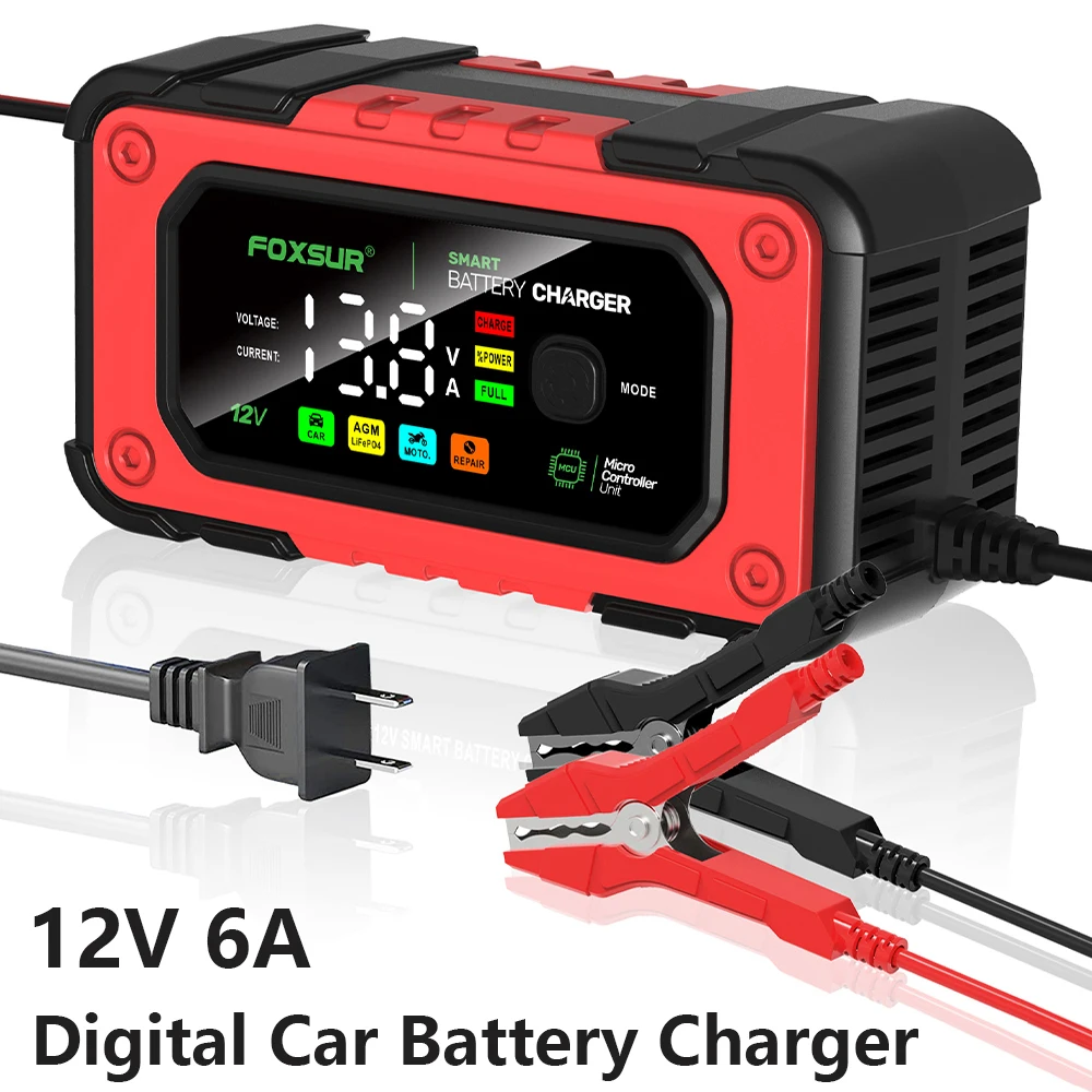 

Car Battery Charger 6A 12V Car Motorcycle Truck Battery Charging Equipment AGM Wet Lead Acid Starter Battery Vehicle Accessories