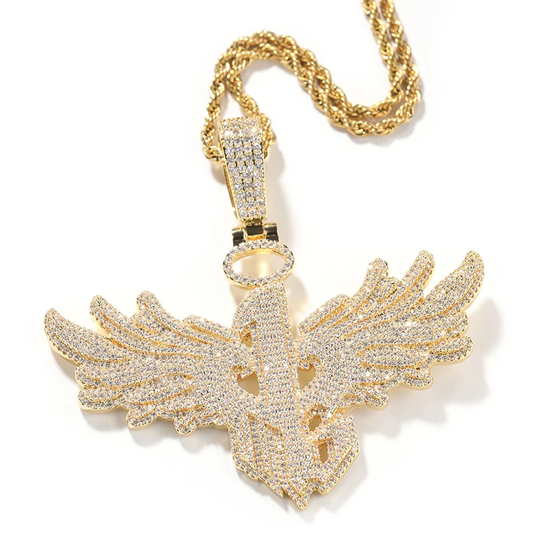 

Hip Hop 5A+ CZ Stone Bling Ice Out Angel Wing Number 1 Pendants Necklace for Men Rapper Jewelry Gold Silver Color Drop Shipping