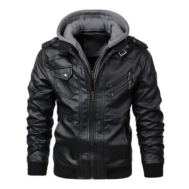 Men Jackets Fake Two Leather Jacket Double Zipper Removable Hooded Biker Leather Coat Male Cardigan Overcoat 5
