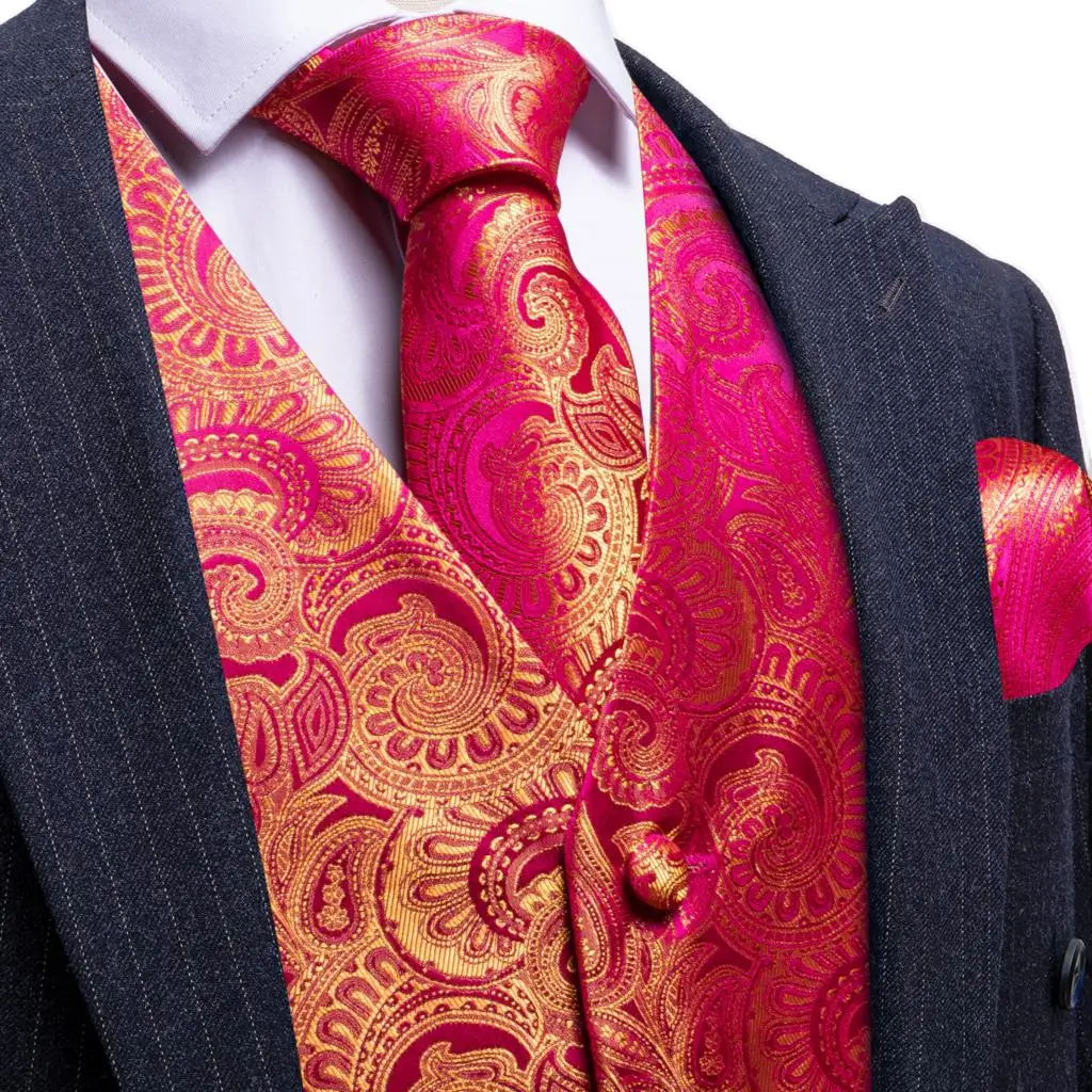 Luxury Vest for Men Silk Red Pialsey Waistcoat Tie Set Vintage Formal Wedding Suit Male Gilet Sleeveless Steampunk Barry Wang