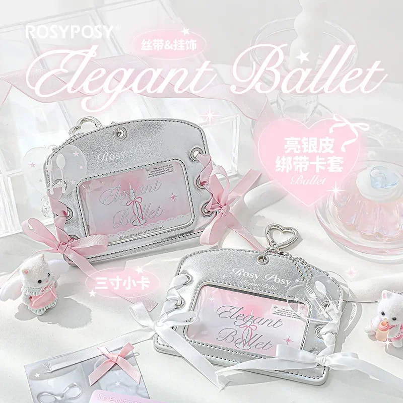 Lace Kpop Photocard Holder Sweet Chic Sliver Color Student ID Card Cover Case with Key Ring Bow Ribbon Photo Card Protector 2