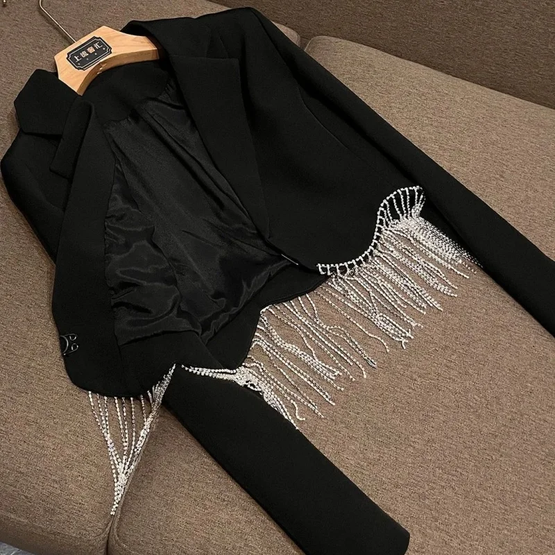 BESTBAFU الخريف موضة شرابة مجموعة الحفلات المرأة الشق الرقبة سترة قصيرة عالية الخصر ألف خط تنورة صغيرة مكتب مجموعة رسمية 026F