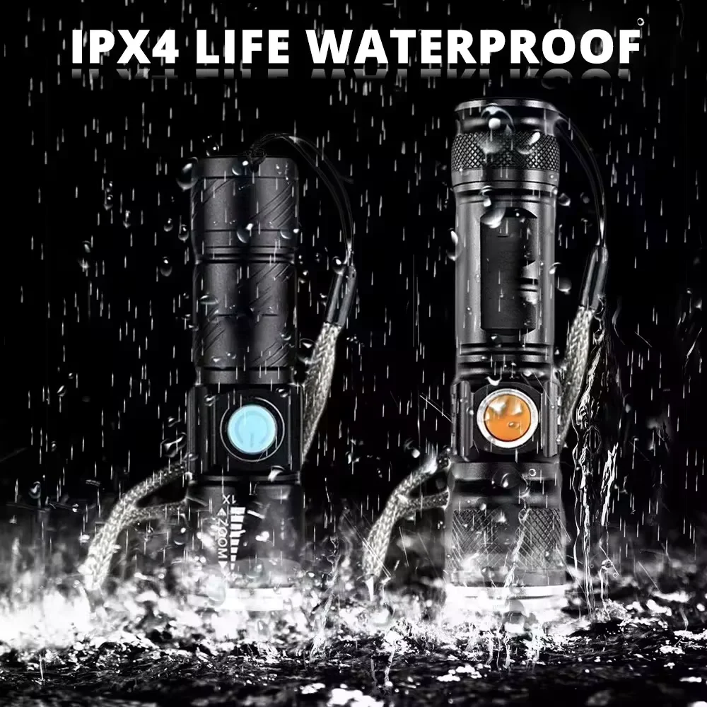 Lanterna LED poderosa com carregamento USB, foco ajustável, à prova d'água, portátil, 3 modos de iluminação, bateria embutida.
