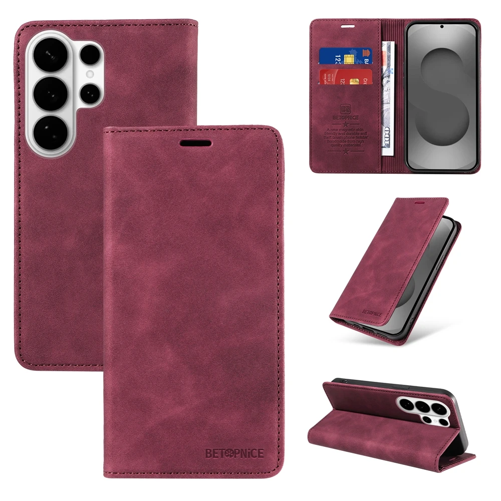 Premium Magnetic Leather Flip Wallet Case with Kickstand - Classic Business Design