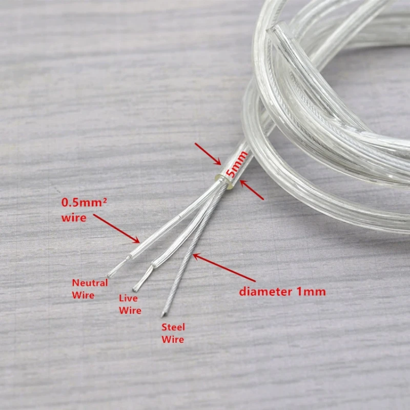 0.5mm 사각 투명 컬러 전원 코드(스틸 와이어 로프 포함) 전기 배선 천장 램프 케이블(LED 펜던트 조명용)