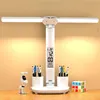 LED Clock Table Lamp USB Chargeable Dimmable Desk Lamp 2 Heads 180 Rotate Foldable Eye Protection Reading Night Light 2