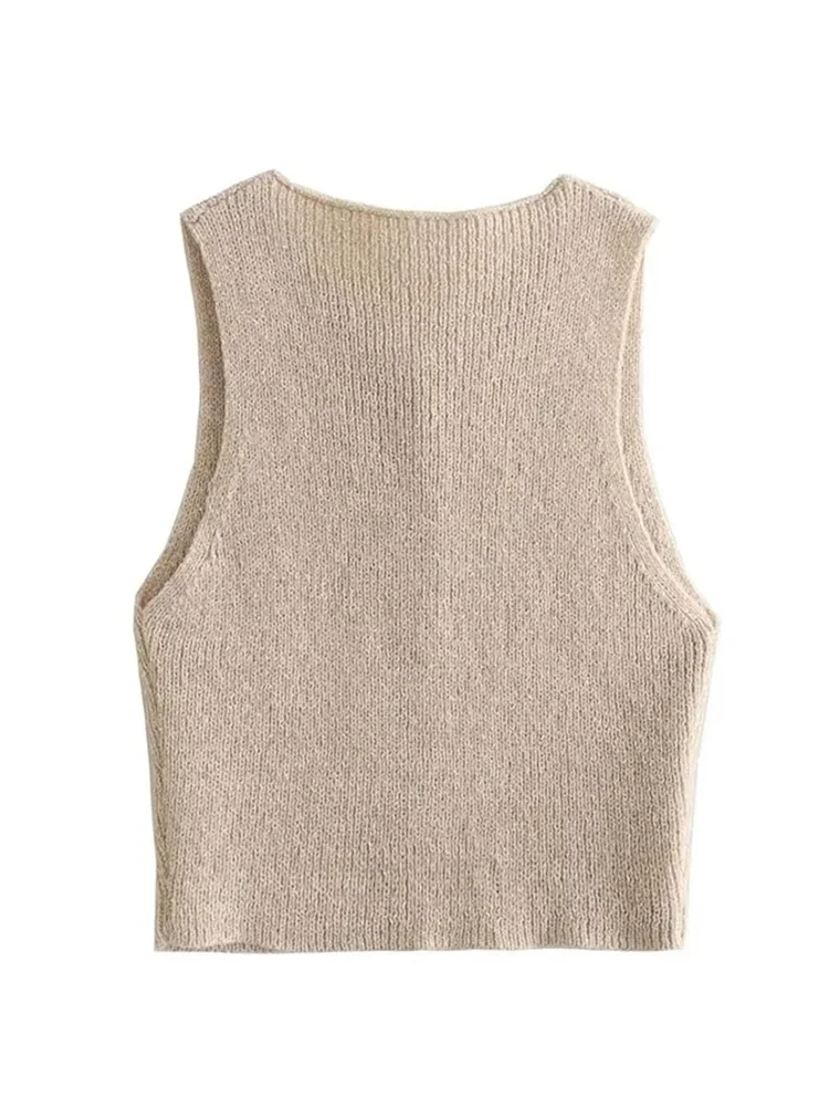HH TRAF Women\'s Sleeveless Knitted Cropped Top Autumn Fashion V-neck Slim Sweater Vest Female Single Breasted Fashion Tank Top