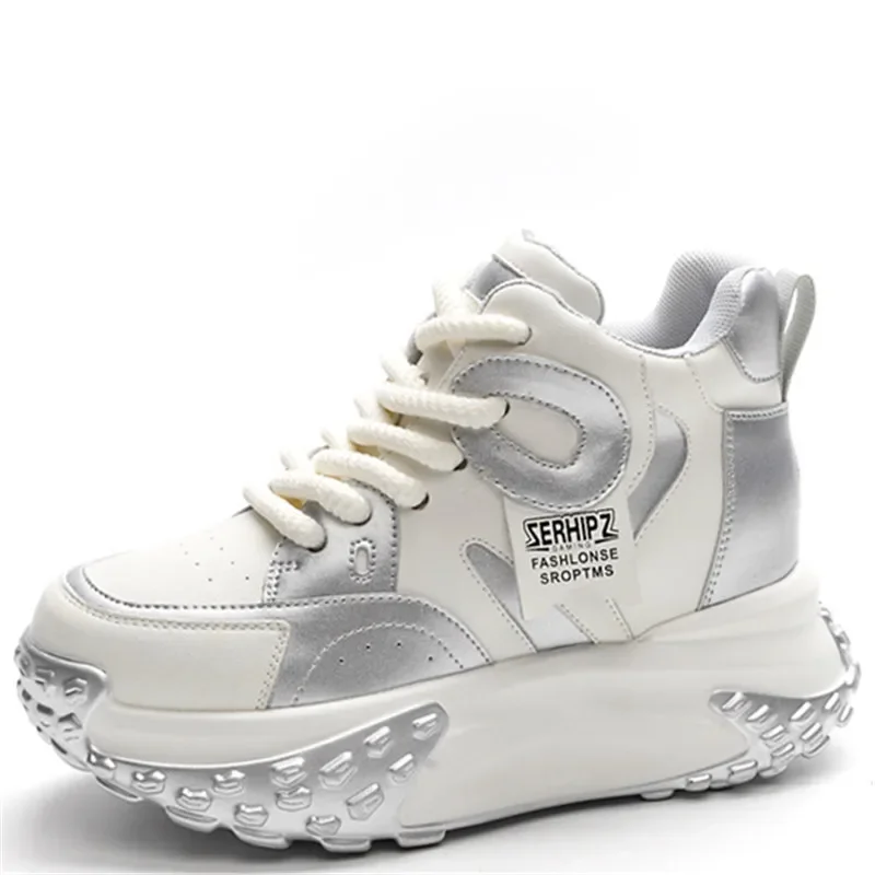 

Genuine Leather Women High Top Spring Autumn Mixed Color Chunky Shoes Platform Wedge Sneakers Casual Fashion Designer Shoes