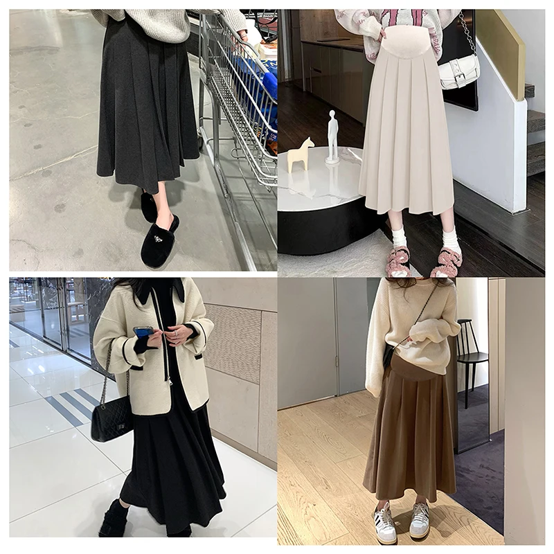 3351# Autumn Winter Fashion Pleated Woolen Maternity Skirts Elastic Waist Belly Loose Clothes for Pregnant Women Pregnancy