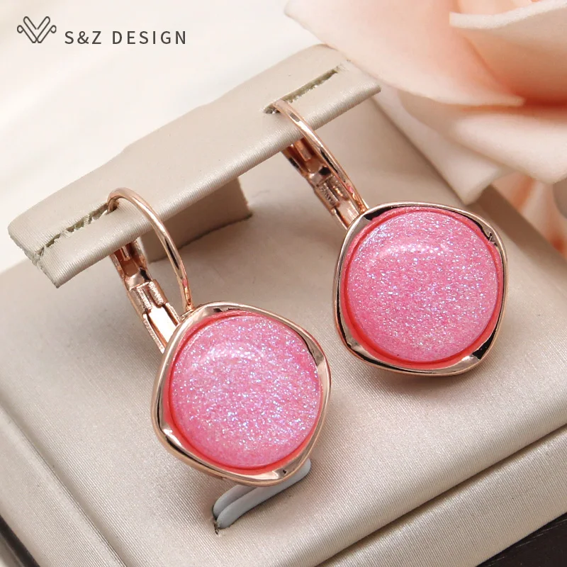 S&Z DESIGN New Fashion Round Colorful Resin Dangle Earrings For Women Fine Jewelry 585 Rose Gold Color Eardrop Daily Accessories
