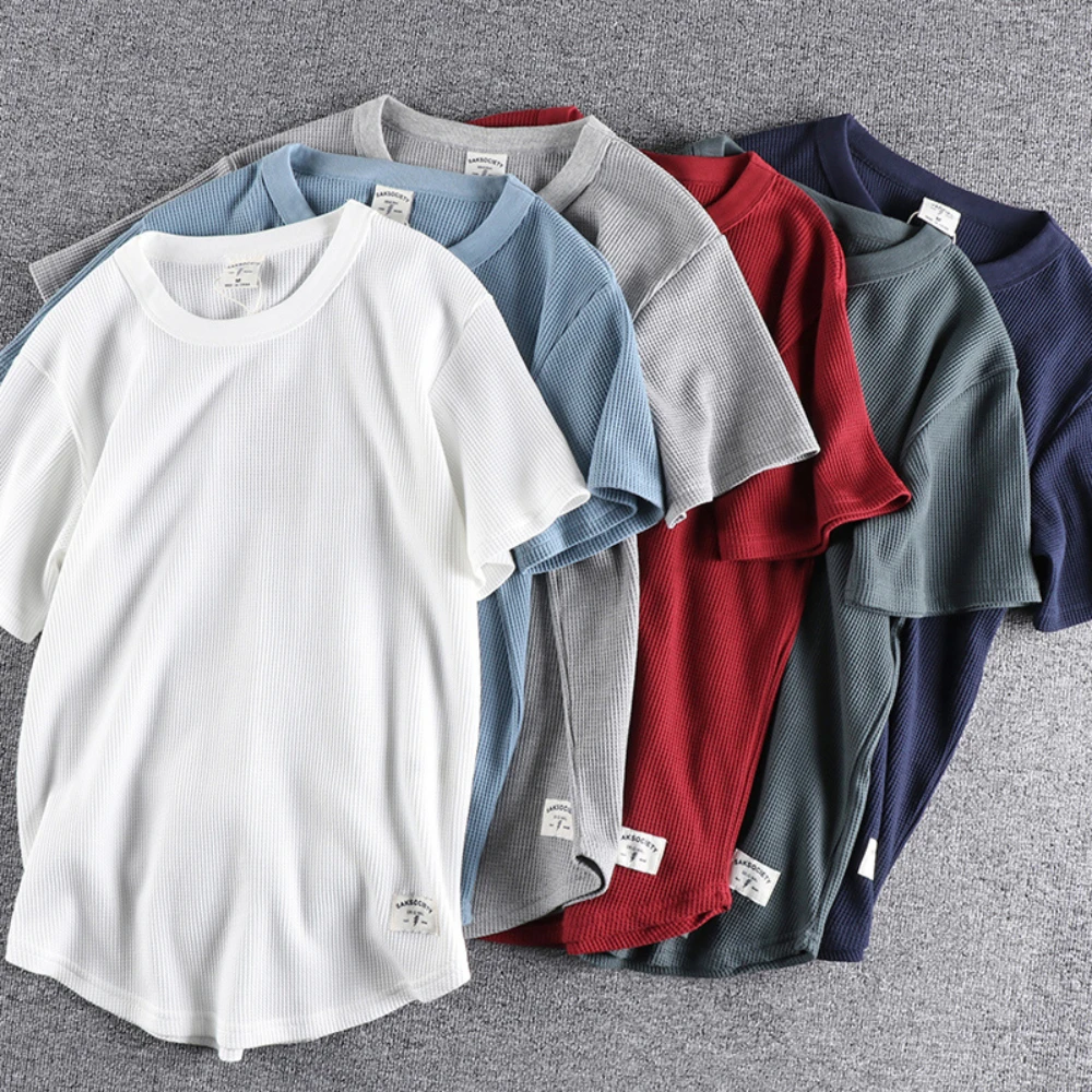 

Waffle short sleeve t-shirt men's summer trendy round neck breathable solid color heavy bottomed shirt half sleeve youth