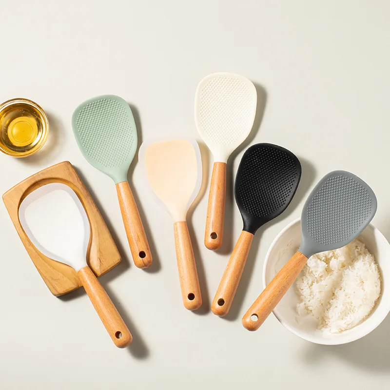 Silicone Spoon With Wooden Handle Non-stick Spatula For Pot Rice Cooker 1Pc