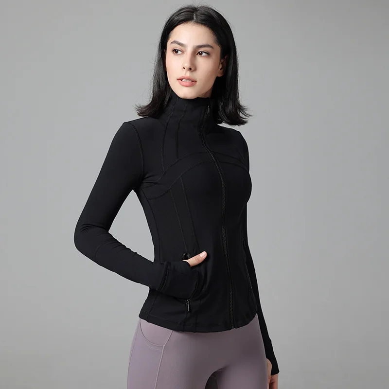Yoga Nylon Stretch Track Jacket Gym Fitness Sport Top High Elasticity Long Sleeves Zipper Motorcycle Jacket Coat Sportswear