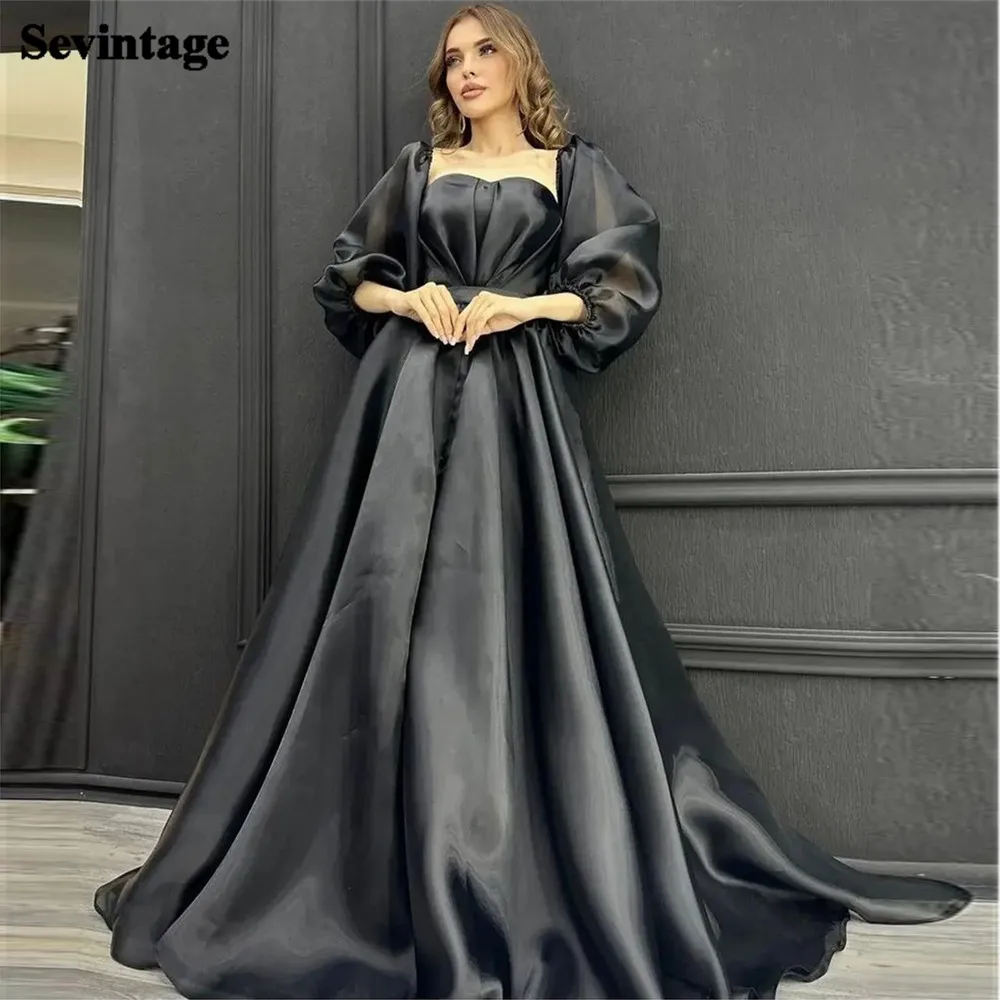 

Sevintage Black Saudi Arabic Prom Dresses Evening Party Gowns Floor Length Square Neck Women Formal Celebrity Pageant Dress