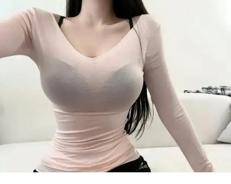 Koreanische Neue Frühjahr 2026 V-ausschnitt T-shirts frauen Slim-Fit Durchsichtige Langarm Vielseitige Basis Schicht Tops – Detail 2