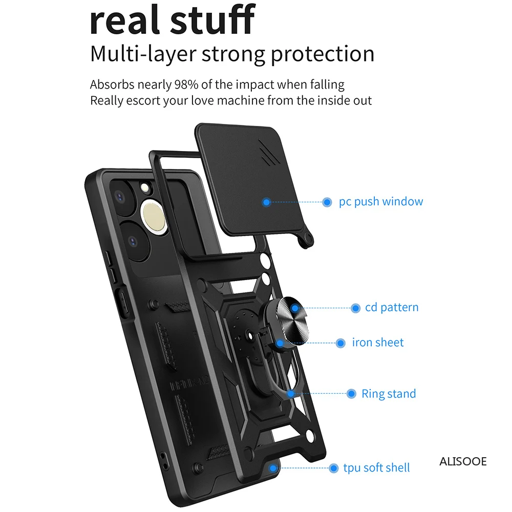 Slide Camera Cover with Ring Kickstand Holder - Full Protective Shockproof Phone Case