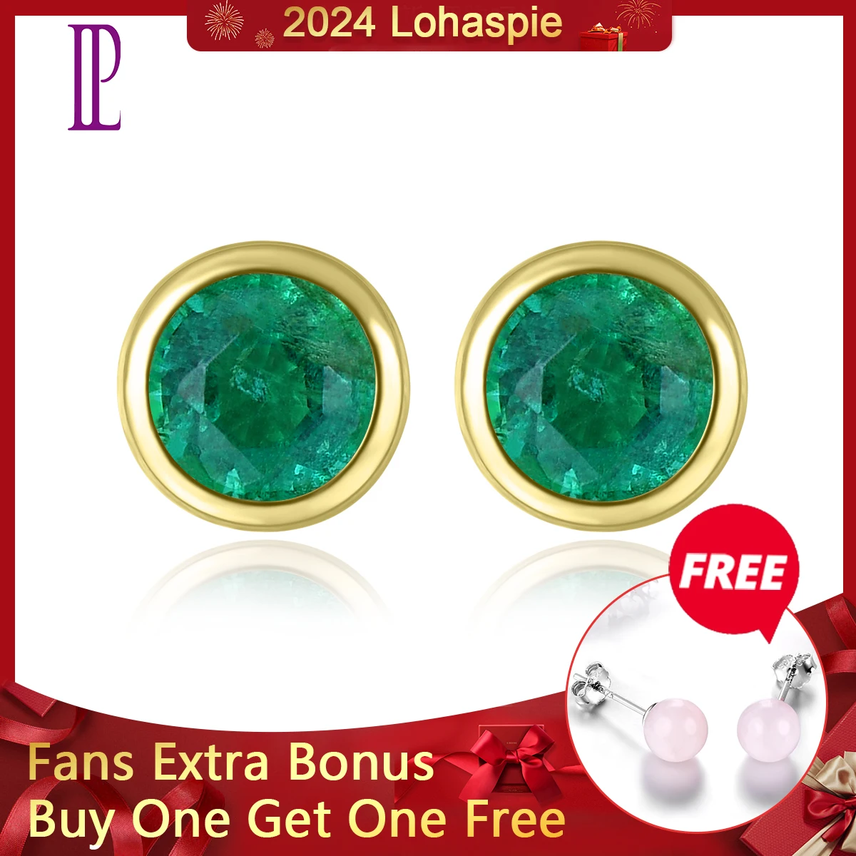 Lohaspie Natural Emerald Round Face Cutting Real 14K Yellow Gold Stud Earring Au585 Women Luxury Fine Jewelry Anniversary Gifts