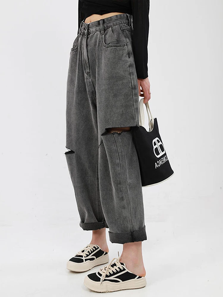 S-XXXXL Vintage Holes Baggy Jeans Women Pants Loose Casual Wide Leg Ankle-Length Trousers Girls Grey Denim Pants 2023 Fashion