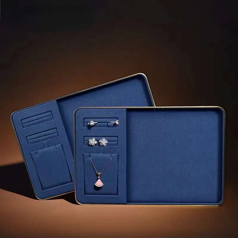 

Vintage European Metal + Microfibe Ring Necklace Storage Tray Shop Pendant Bangle Jewelry Display Box Tray Props Earing Holder