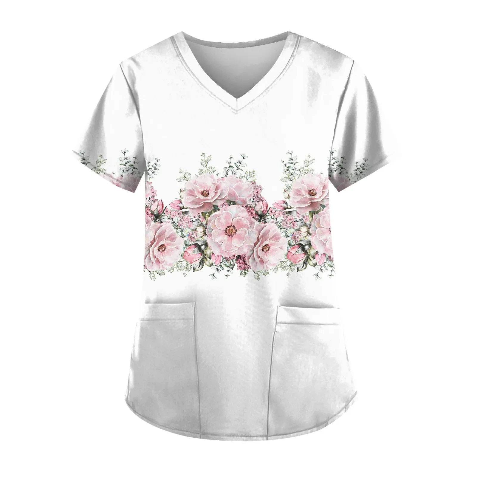 2023 Blumen druck Tasche Arbeits kleidung für Zahnarzt Krankens ch wester Peelings Uniform medizinische Uniformen Frauen Kurzarm V-Ausschnitt Peeling Arbeits oberteil – Detail 9