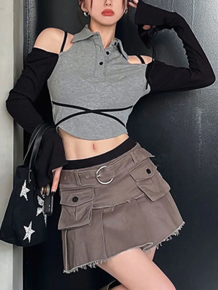 Korean Fashion Patchwork T Shirt Women Spring Long Sleeve