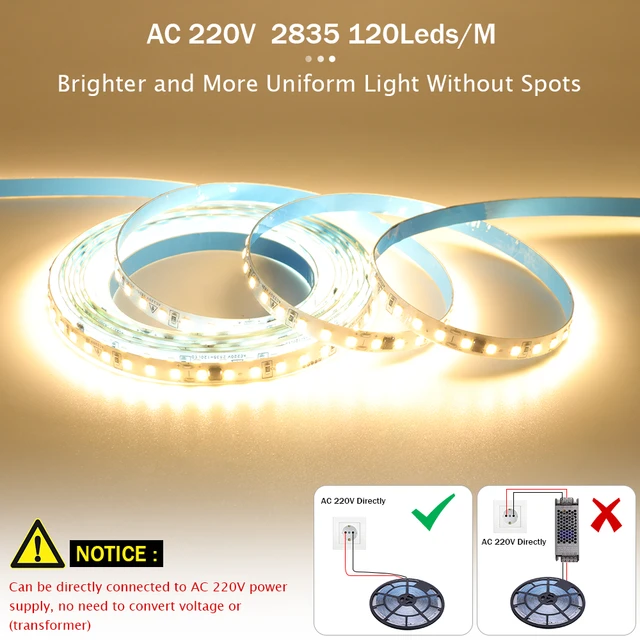 LED Streifen 220V | CUSTOM CUT | 120LED/m | 50m | SMD 2835 | 1000Lm | 10W/M  | CRI90 | IP65 | Schneiden 10cm