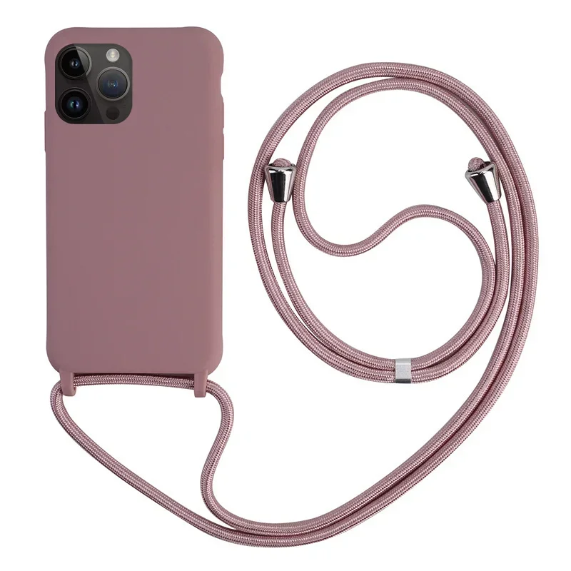 thumbnail image 1 of Funda de teléfono de silicona con correa cruzada y cordón para iPhone 16, 15, 14, 13, 12 Mini, 11 Pro Max Plus, carcasa trasera de TPU suave de color caramelo, 1 of 5