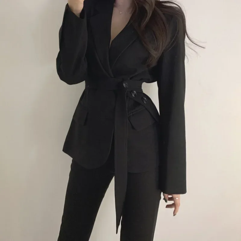 

Two Buckles Long Sleeve British Style Solid Colors Blazers Loose Casual Suits with Sashes Women New Fashion Office Work Blazer